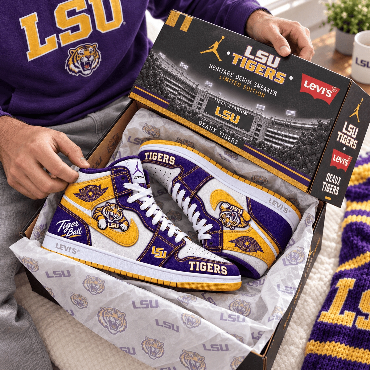 LSU Premium Denim Embroidered High-Top Sneakers NTNA