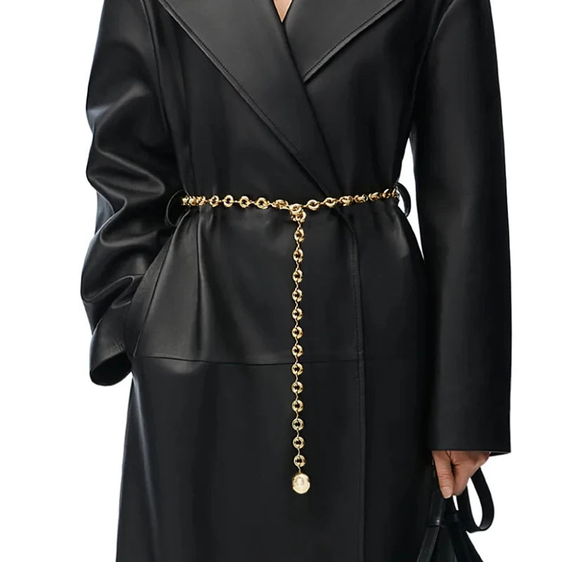 Round light gold waist chain coat, thin chain waist belt, women's metal chain waist belt