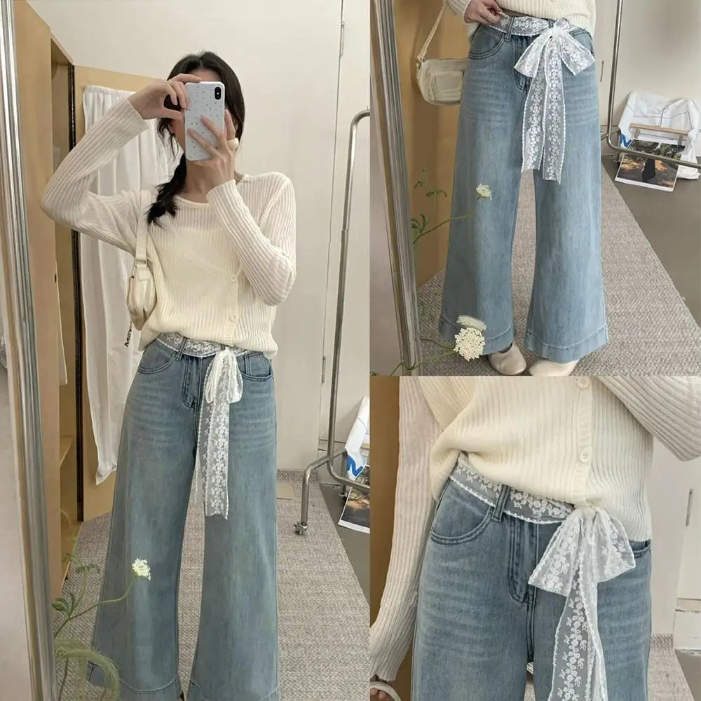 Korean Y2k Long Lace Waistband Floral Bow Lace Waist Belt Thin Tie Up Dress Jeans Belt Spicy Girls